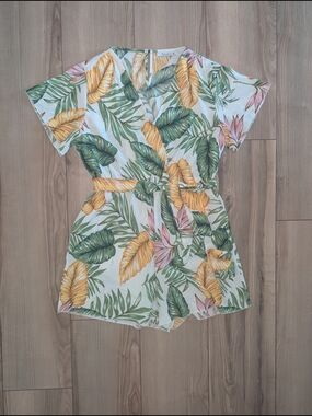 ReoRia White Tropical Leaf Romper with Green, Yellow & Pink